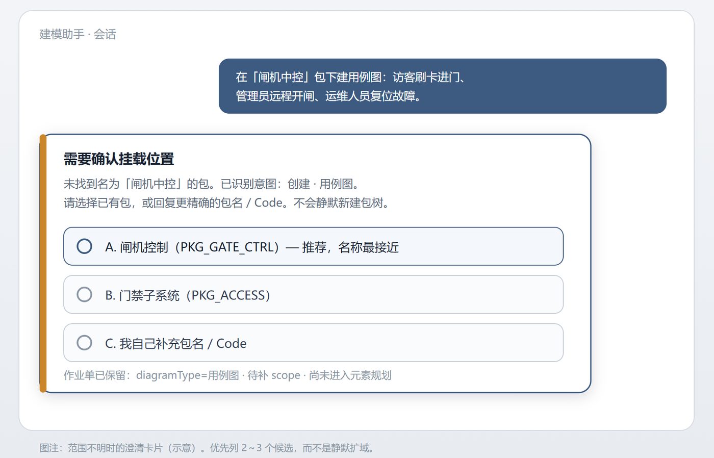 Clarification card and pending job state for unresolved scope