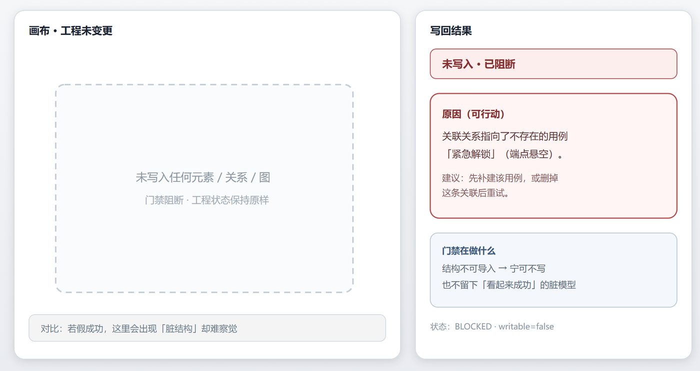 Unchanged canvas and a blocked result describing a dangling relationship