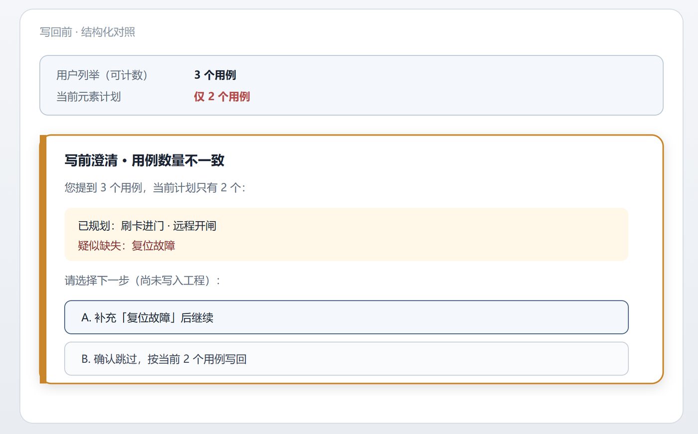 Pre-write comparison between three requested use cases and a two-item plan