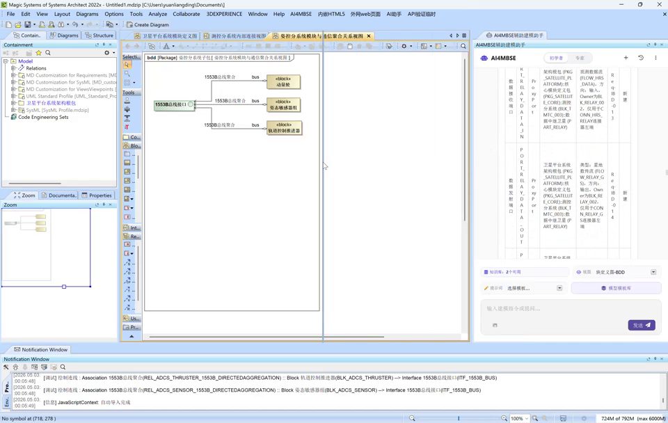 Satellite-system block-definition diagram and element-planning panel